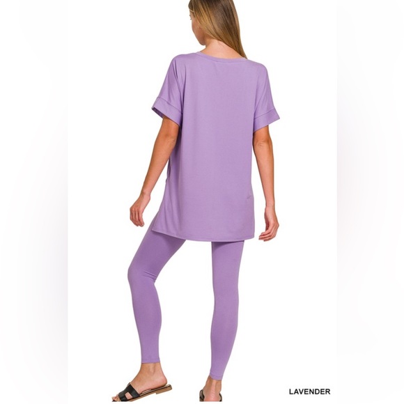 NWT! 2pc Lavender V-Neck Tunic Hi Lo Side split Top and Leggings Set - Picture 2 of 2